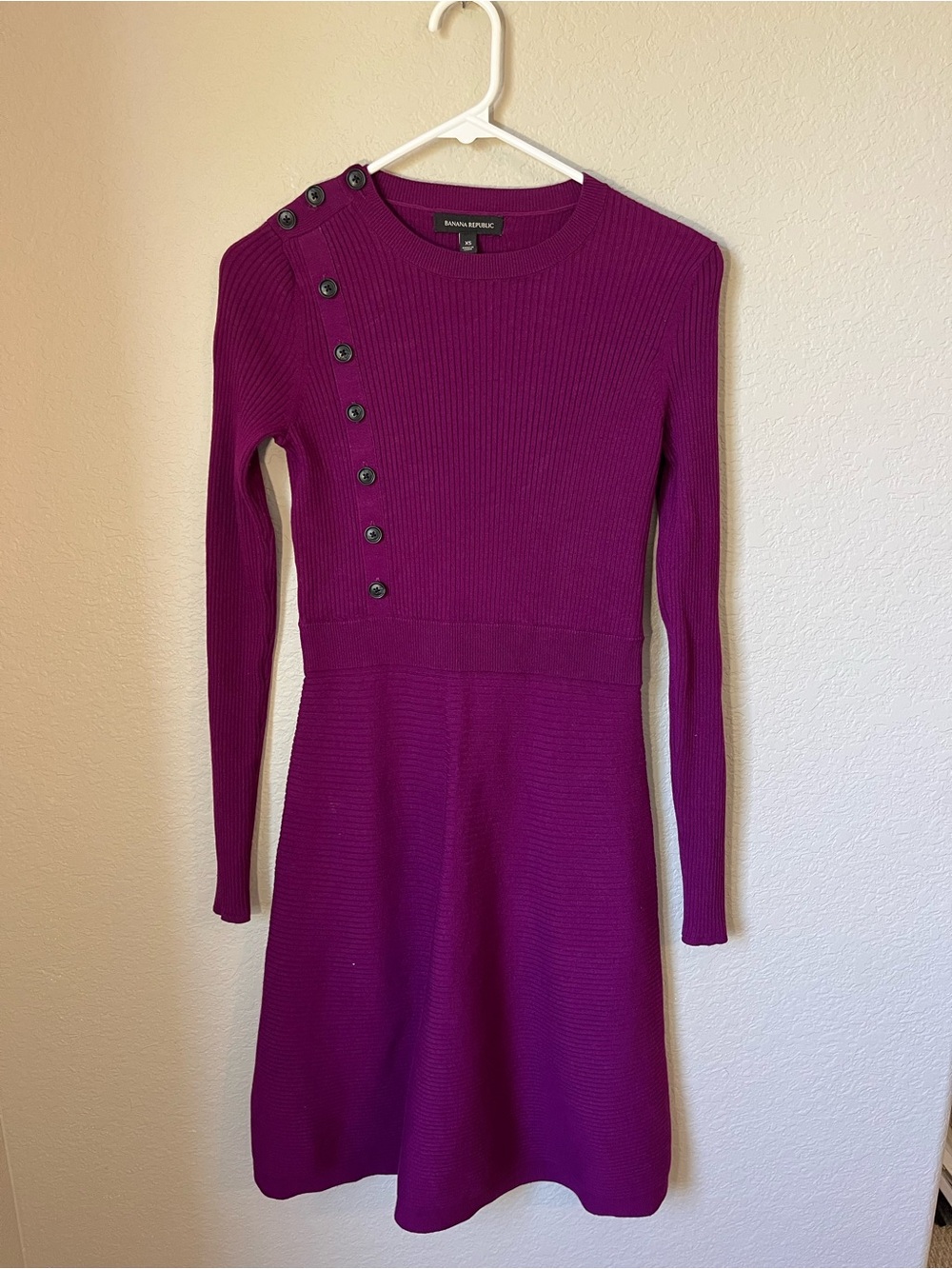 Banana Republic Purple Ribbed Knit Fit & Flare Sweater Dress XS Button Detail